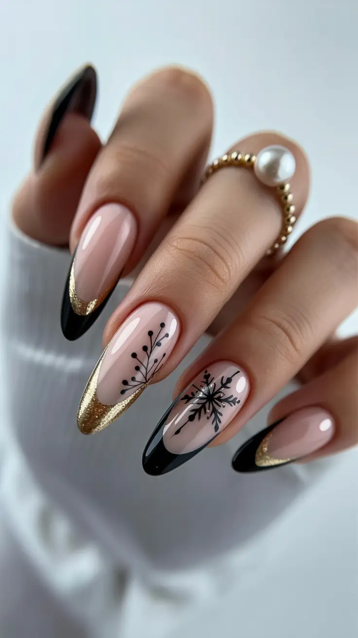 Stylish Christmas French Nails 2025 Black and Gold Winter Glam