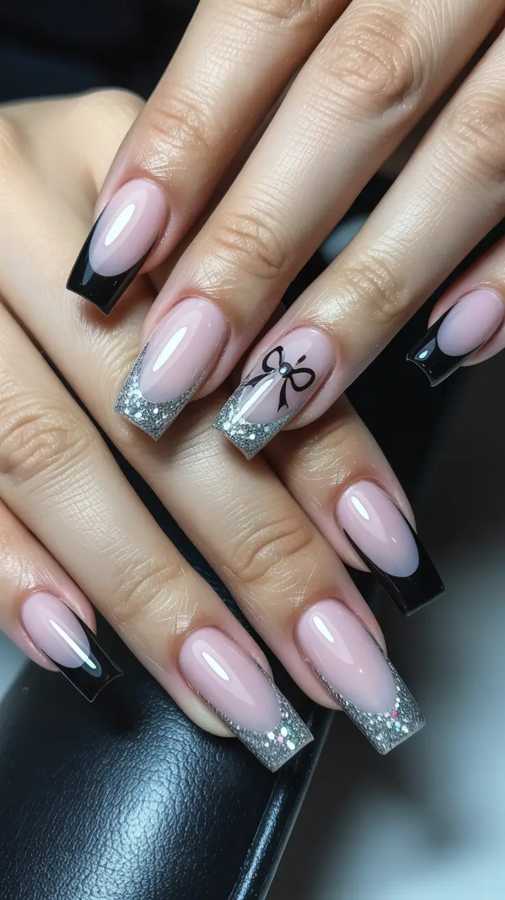 Stylish Christmas French Nails 2025 Black-Tie Sparkle with a Bow