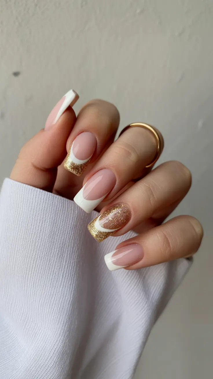 Stylish Christmas French Nails 2025 White and Gold Harmony