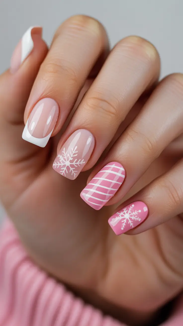 Stylish Christmas French Nails 2025 Pink Frost and Candy Dreams