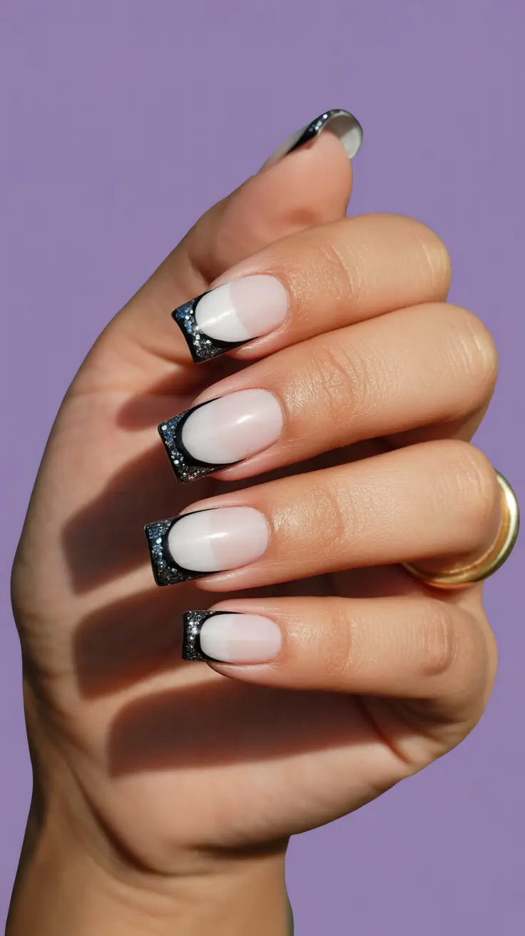 Stylish Christmas French Nails 2025 Dark Glitter French Edge