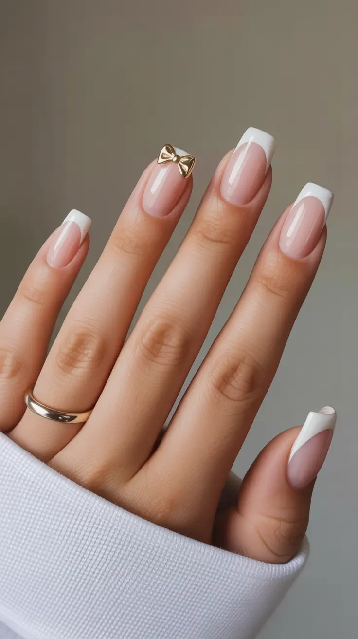 Stylish Christmas French Nails 2025 Golden Bow Elegance