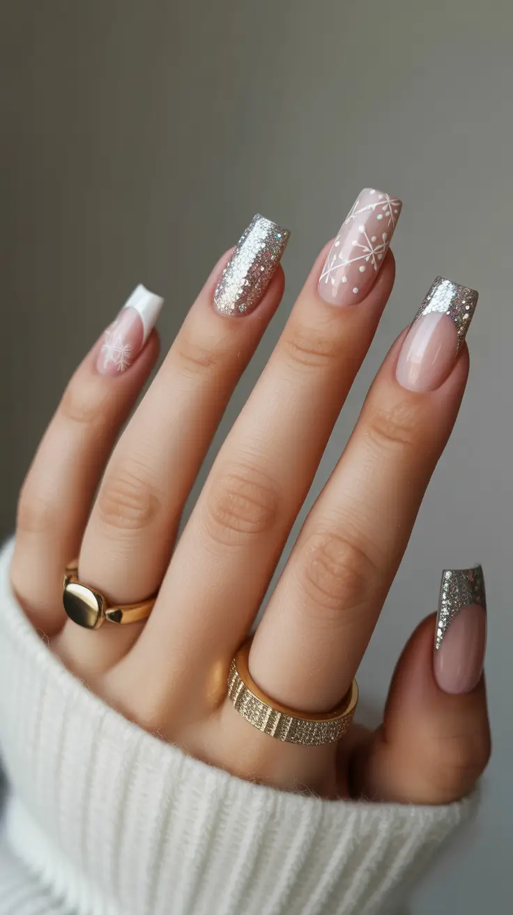 Stylish Christmas French Nails 2025 Frosted Silver Sparkle