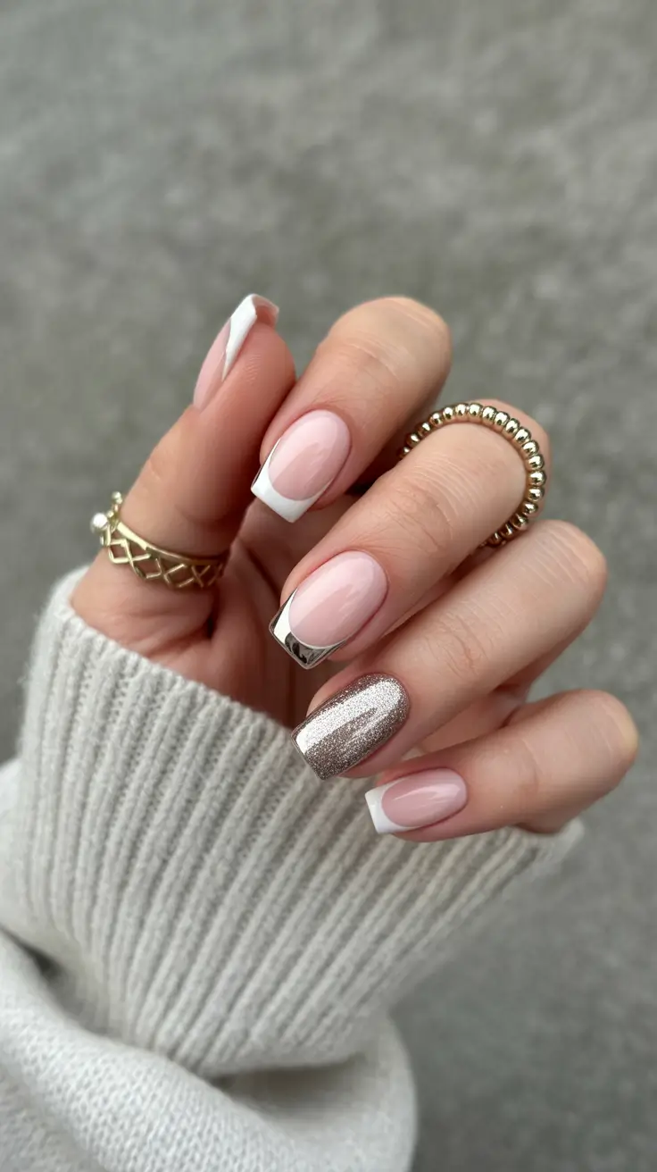 Stylish Christmas French Nails 2025 Soft Metallic French with a Hint of Glam