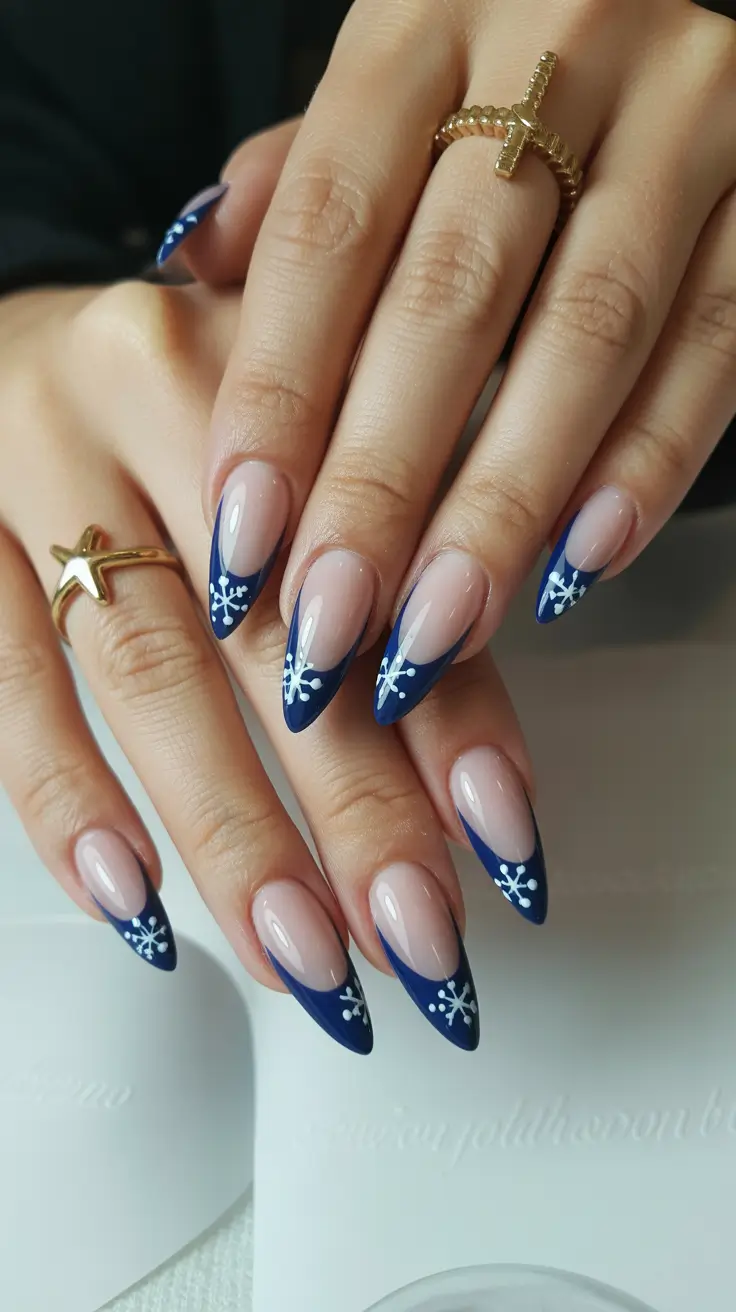 Stylish Christmas French Nails 2025 Midnight Blue Snowflake Charm