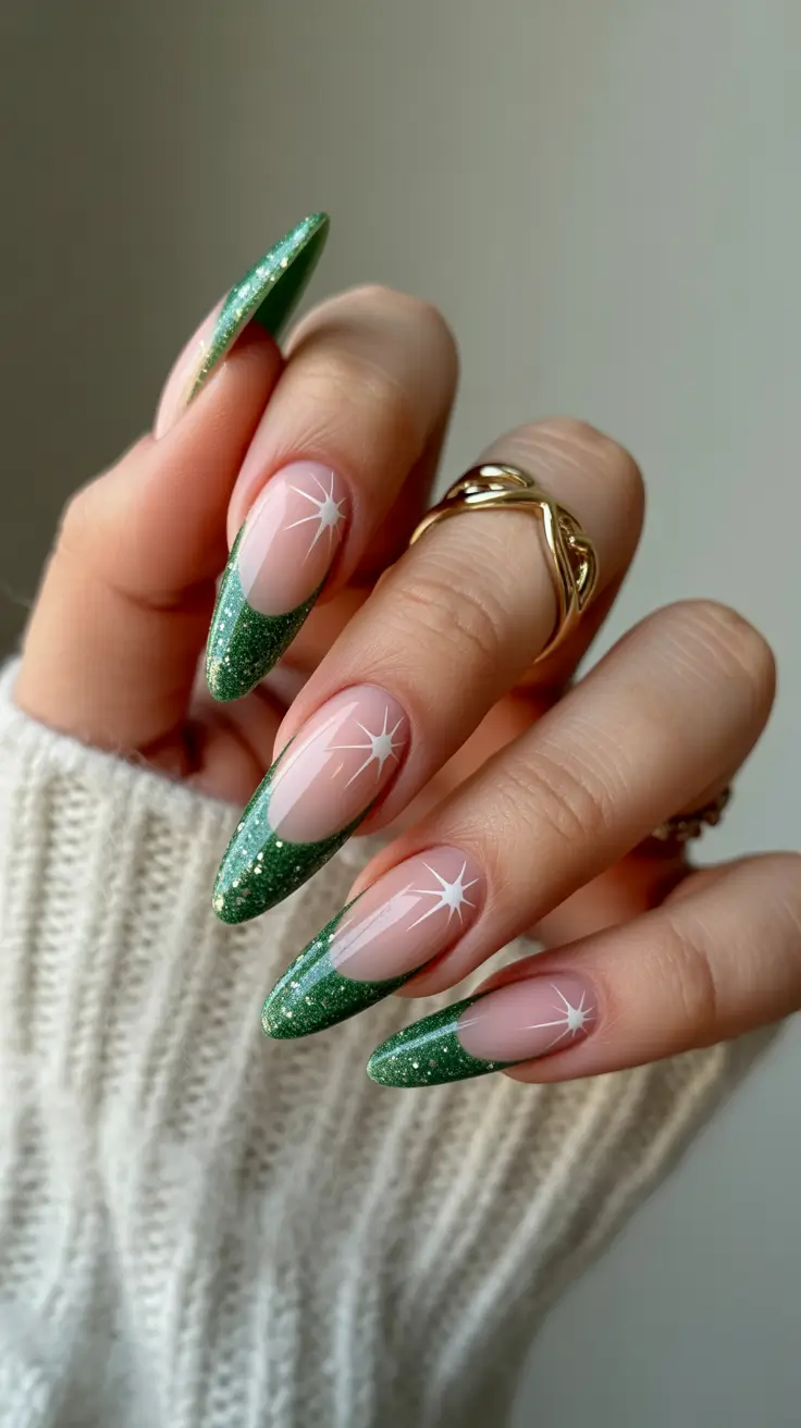 Stylish Christmas French Nails 2025 Emerald Green French with Star Accents