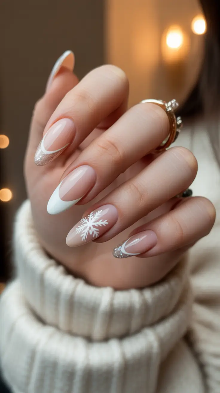 Stylish Christmas French Nails 2025 Snowflake Charm in Winter White