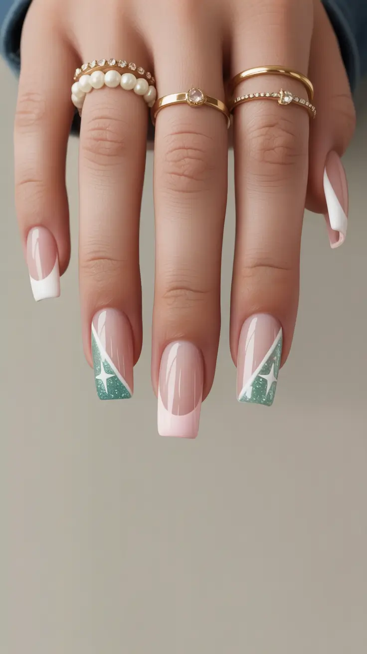 Stylish Christmas French Nails 2025 Modern Twist White Meets Mint Sparkle