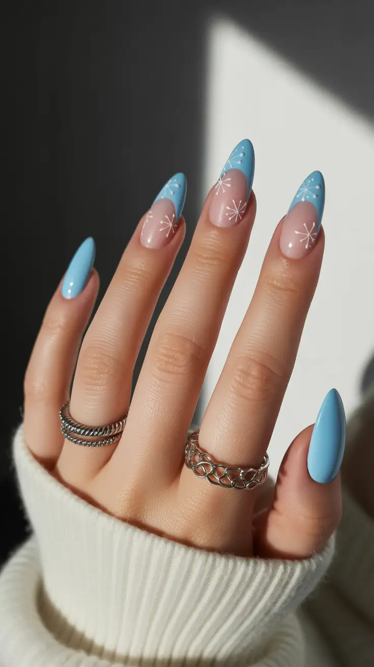 Stylish Christmas French Nails 2025 Frosty Blue with Snowflake Whispers