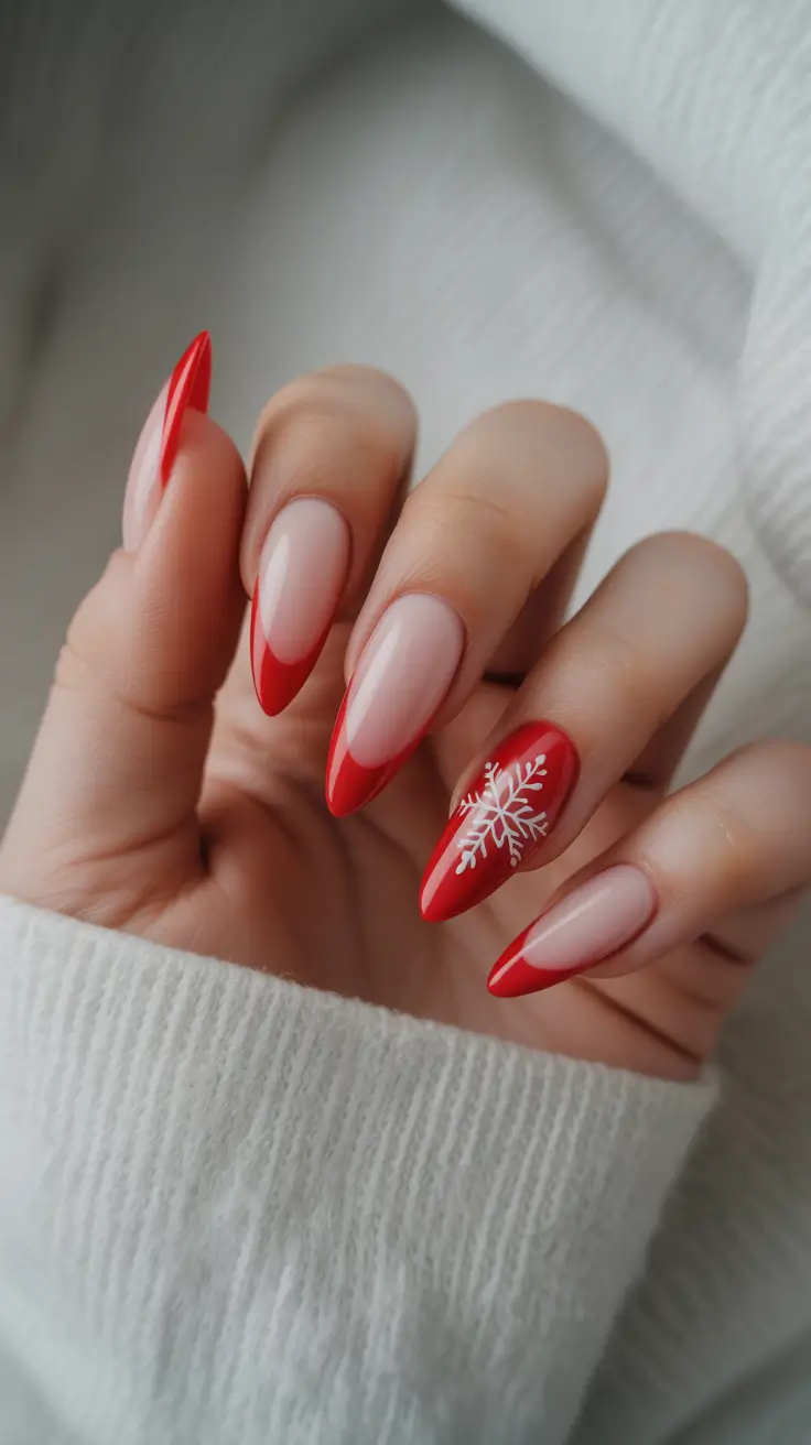 Stylish Christmas French Nails 2025 Classic Red French with a Snowflake Accent
