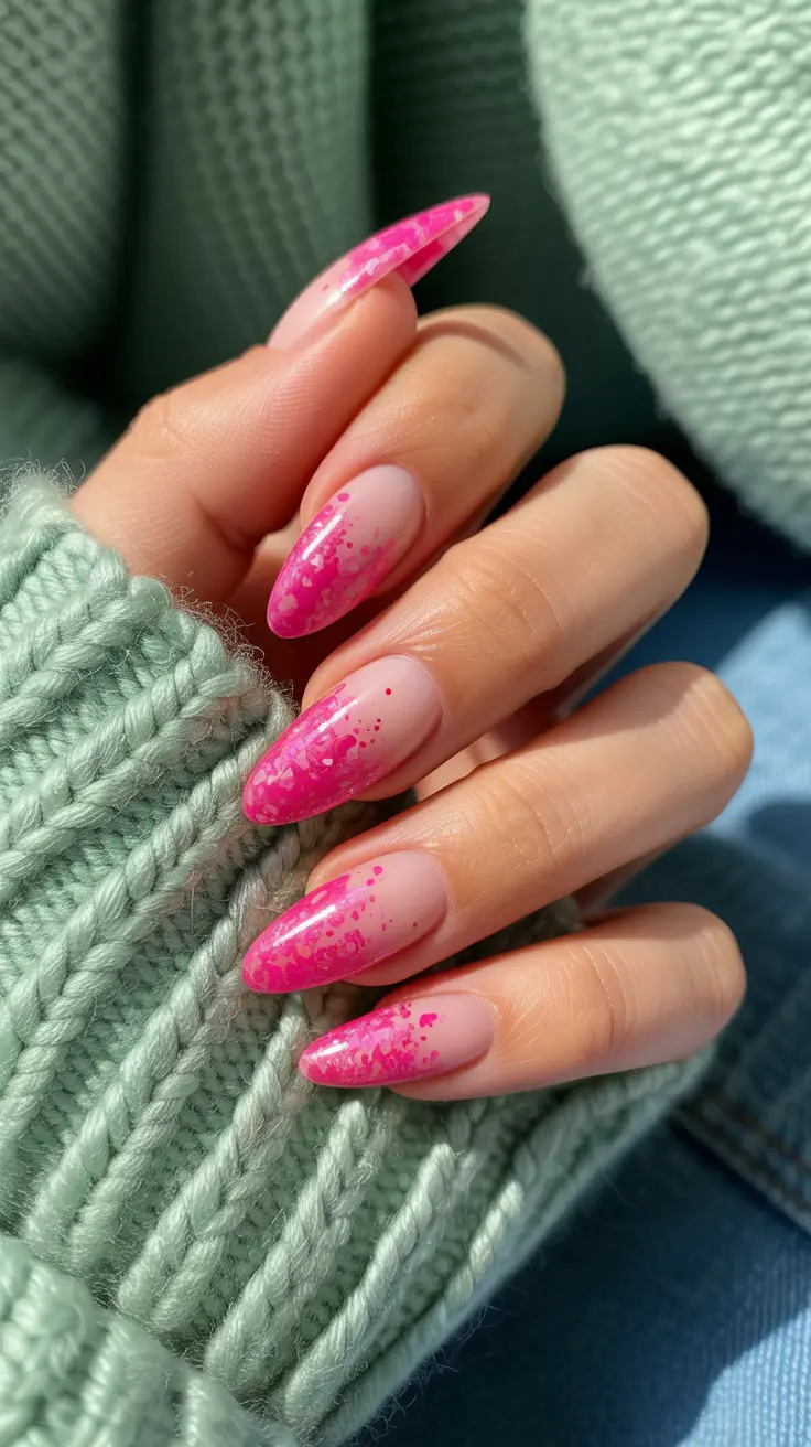 Stylish Christmas French Nails 2025 Pink Glitter Fade for Winter Glow