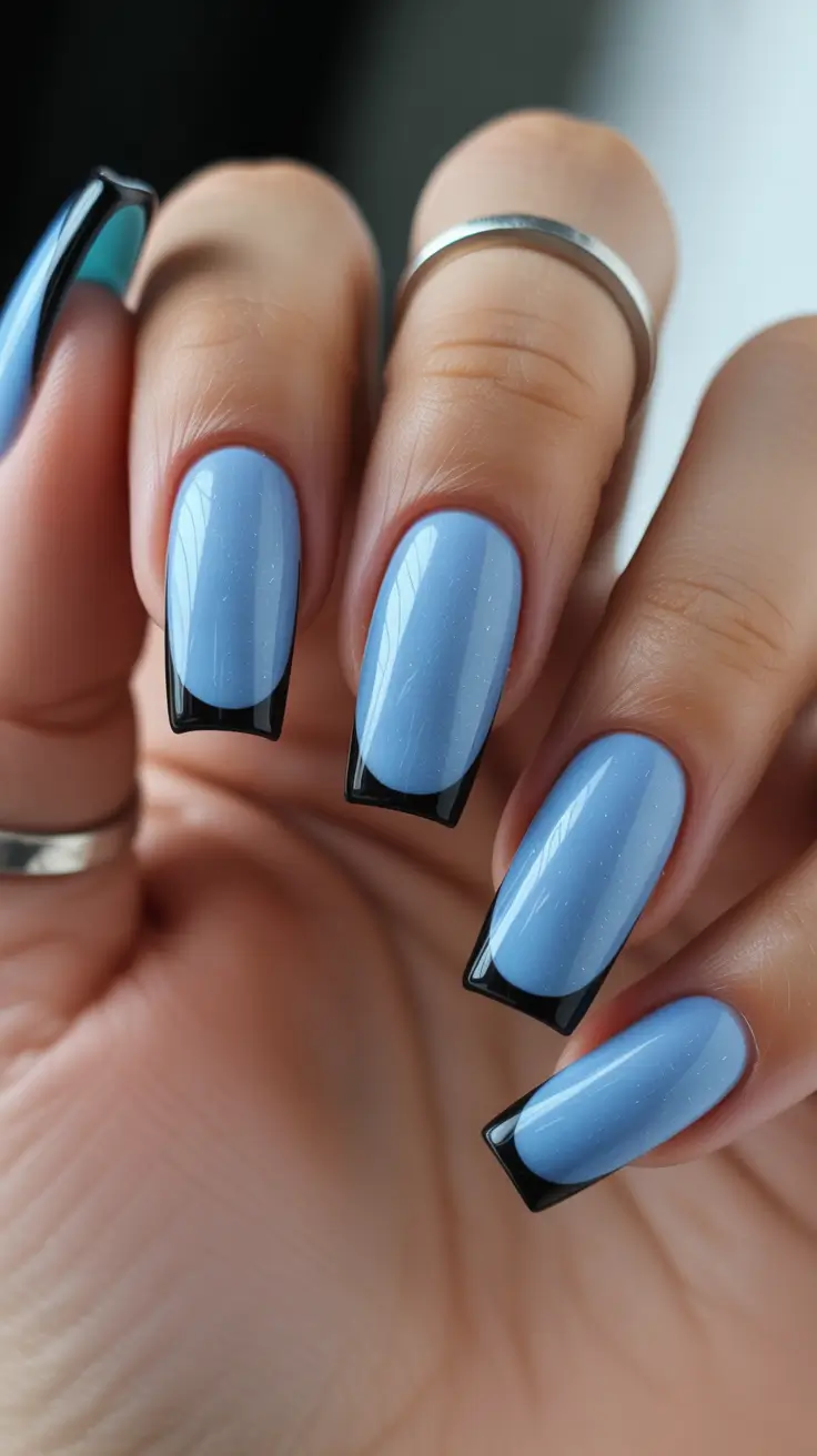 Stylish Christmas French Nails 2025 Midnight Edge in Blue and Black