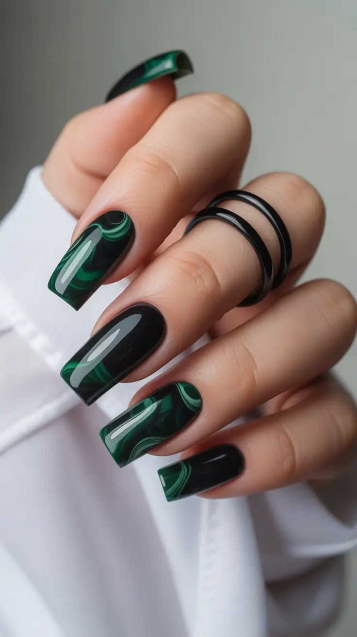 green-christmas-nails-2025-Dark-Emerald-Marble-Magic