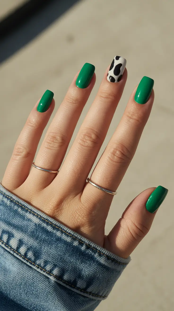 green-christmas-nails-2025-Playful-Green-with-Cow-Print-Accent