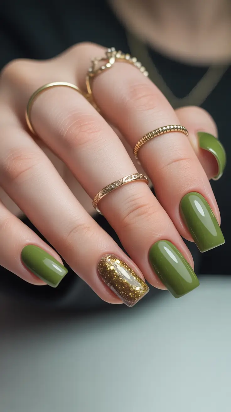 green-christmas-nails-2025-Golden-Glow-Olive-Glam