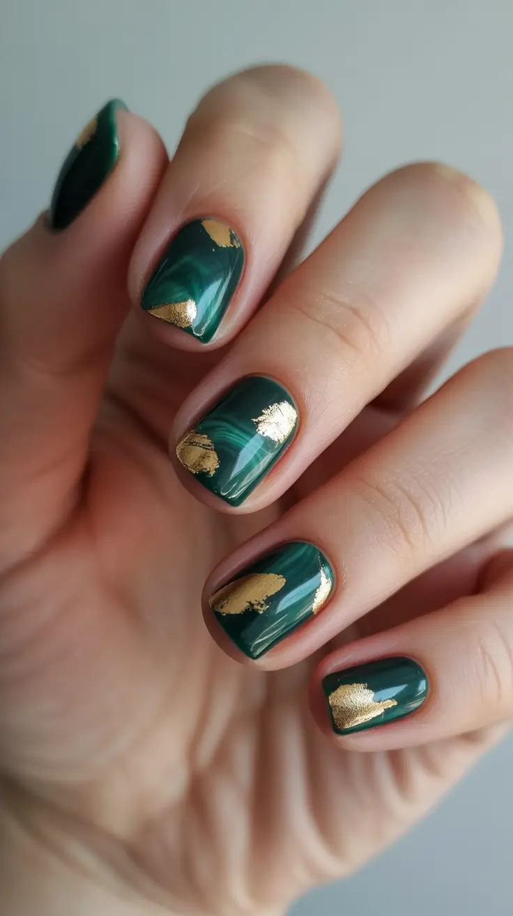 green-christmas-nails-2025-Marble-Green-with-Golden-Flakes