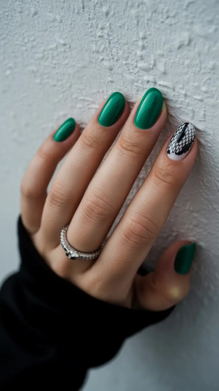 green-christmas-nails-2025-Chic-Green-with-Serpent-Accent