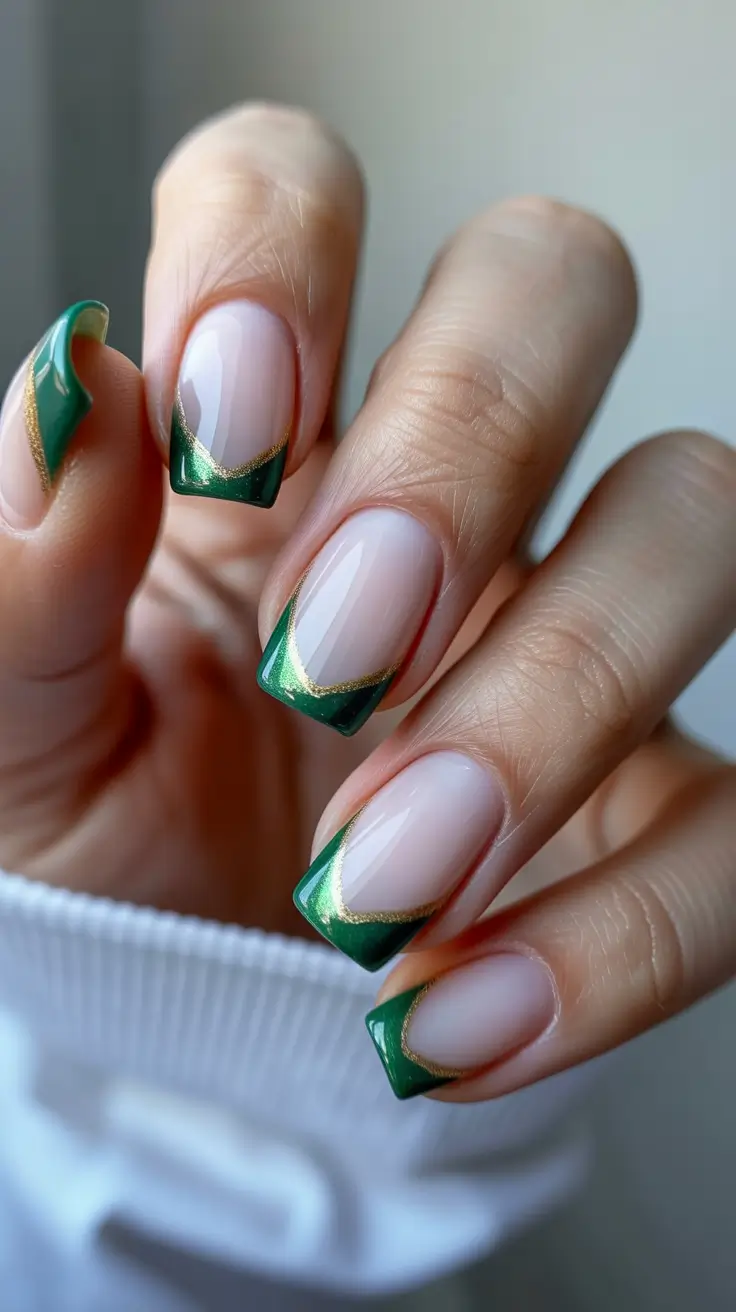 green-christmas-nails-2025-Green-and-Gold-French-Chic