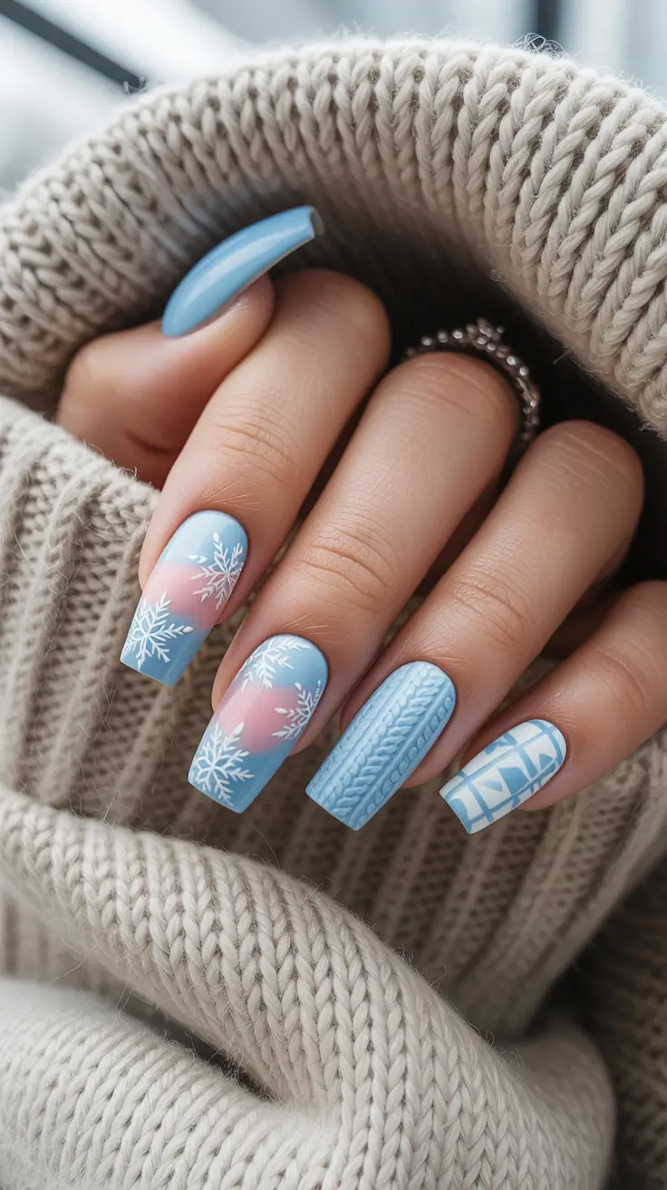 blue christmas nails winter Nordic Sweater Snowflakes