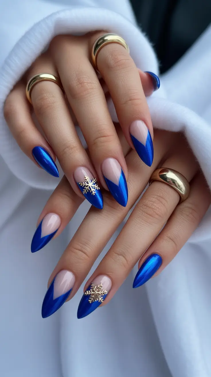 blue christmas nails winter Golden Snowflake Glam