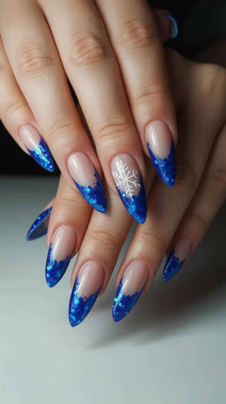 blue christmas nails winter Blue Glitter French Frost