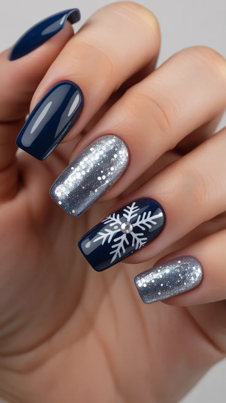 blue christmas nails winter Silver Bells and Snowflakes