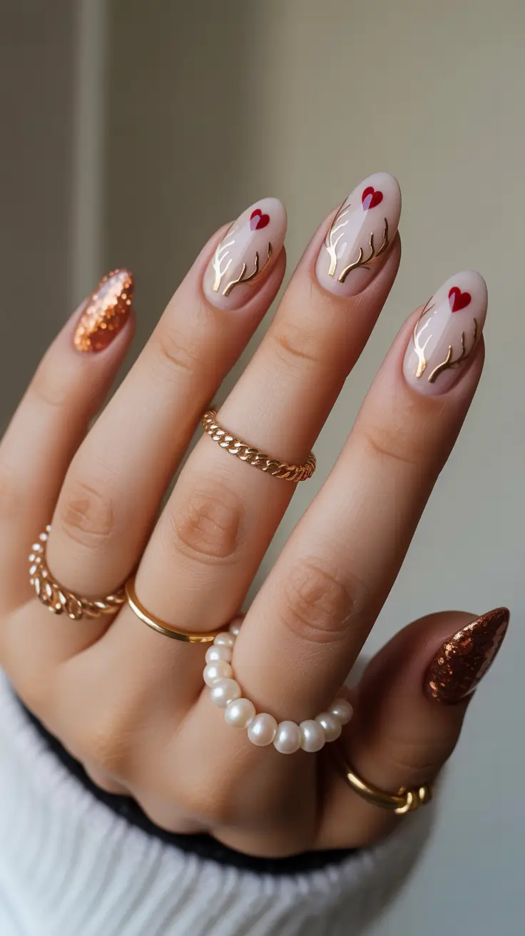 short-winter-nails-christmas-ideas-2025-Golden-Reindeer