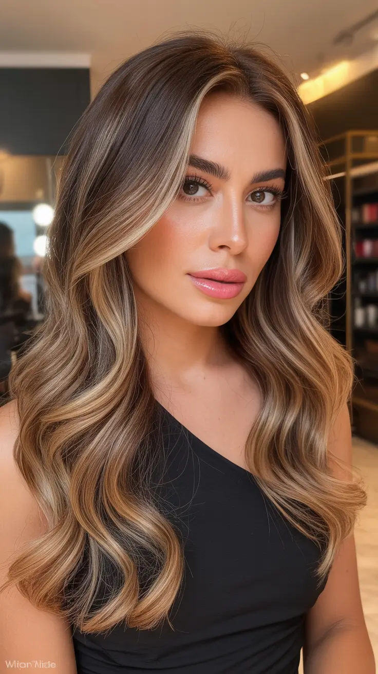 winter brunette hair color balayage caramel Golden Ribbon Balayage with Face Framing Light