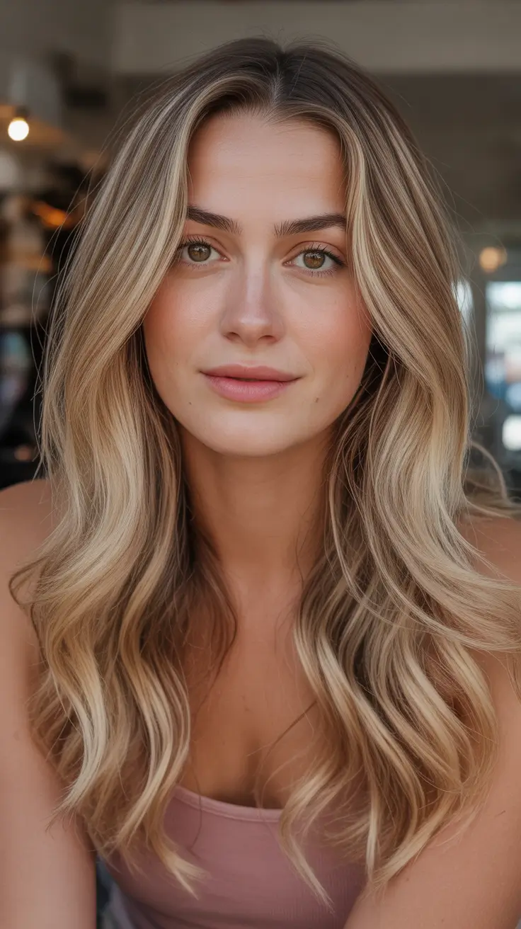 cool blonde hair color balayage winter Soft Beige Blonde Balayage with Natural Part