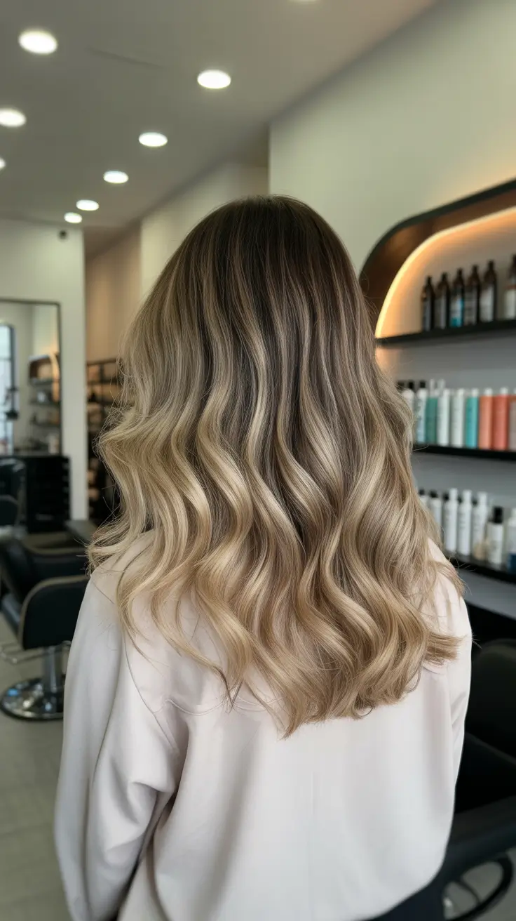 winter hair color balayage ombre Soft Vanilla Blonde Waves with Dimensional Depth