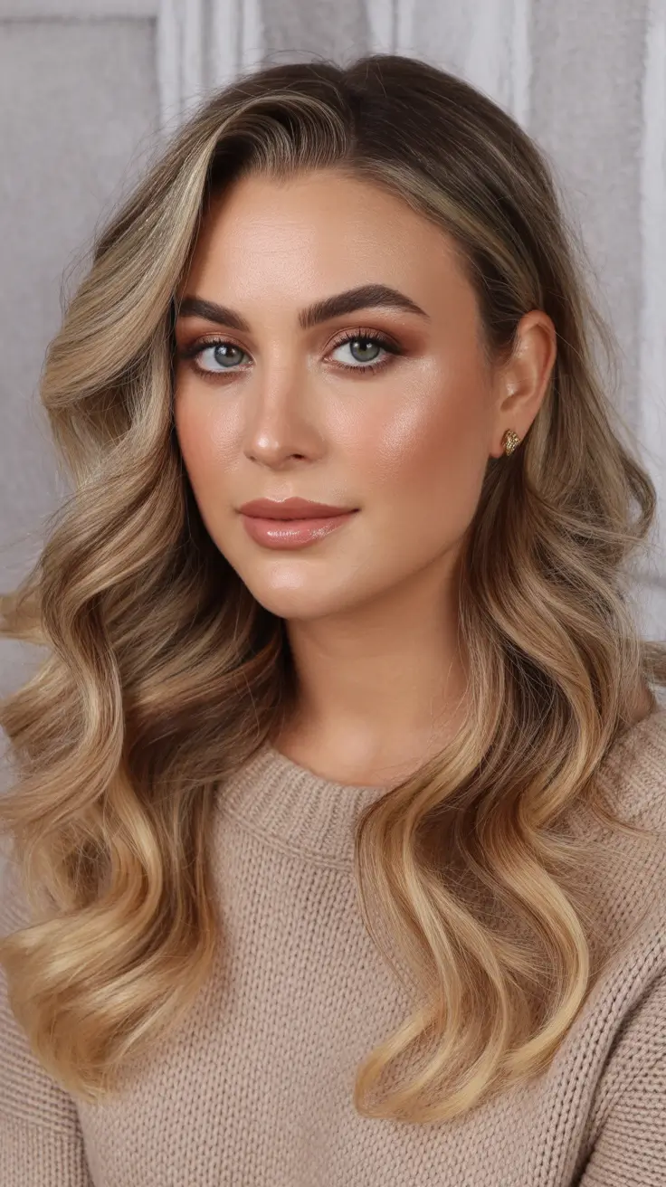 winter hair color for brunettes balayage caramel highlights Golden Beige Balayage with Polished Shine