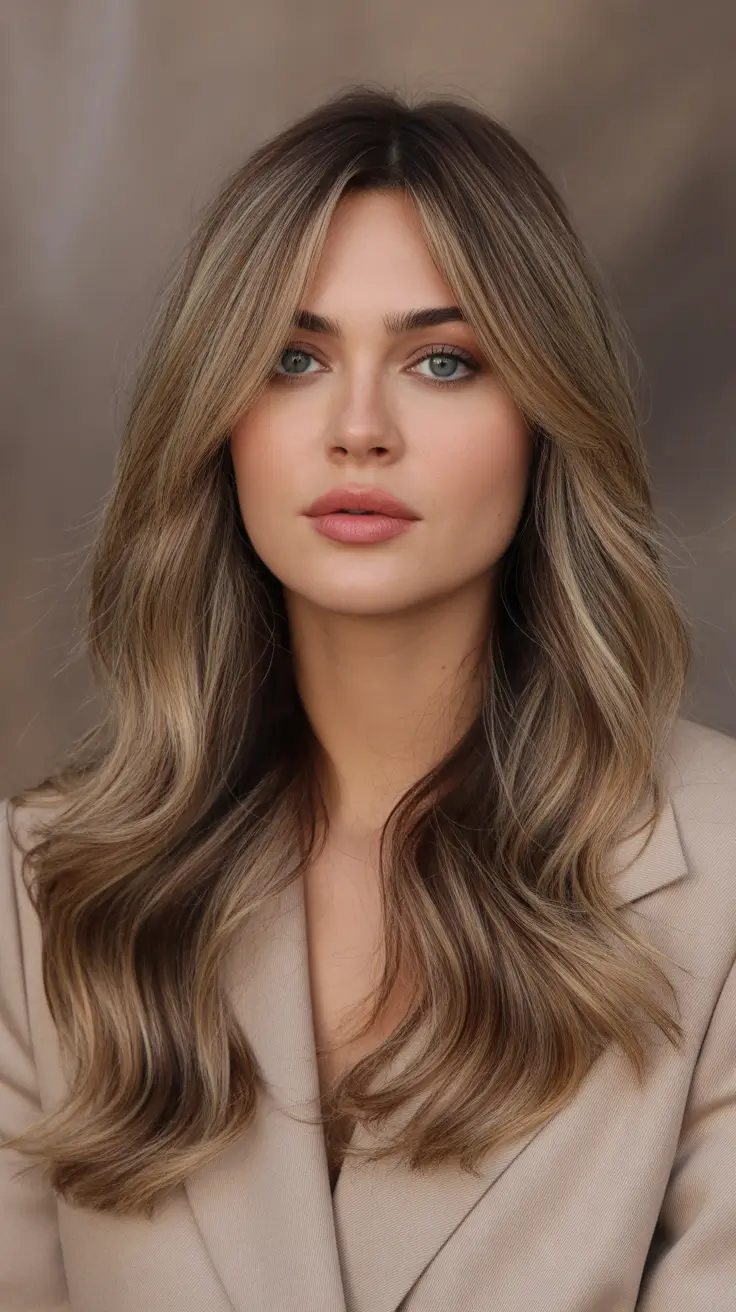 winter light brown hair color balayage Creamy Mushroom Blonde with Face Framing Layers