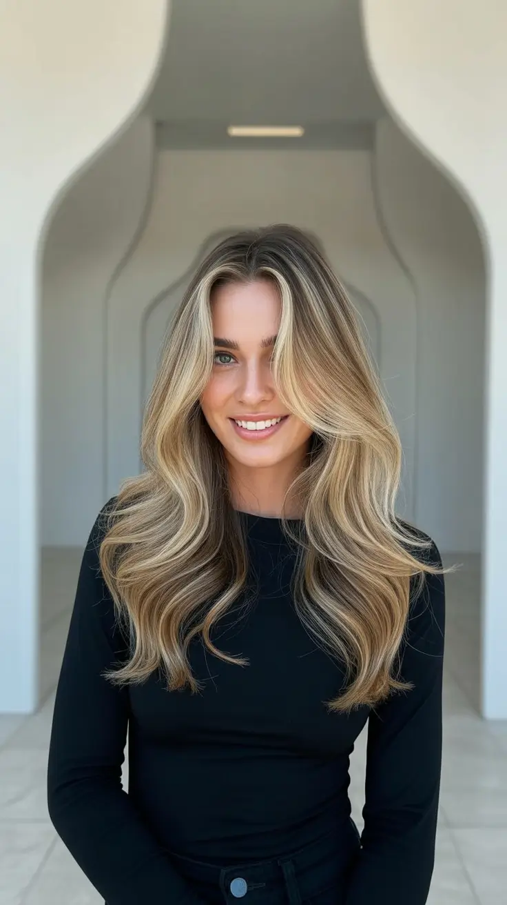 winter hair color balayage blond Golden Bright Balayage for Long Layers