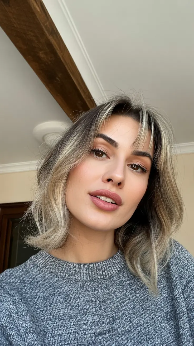 cool blonde hair color balayage winter Frosted Blonde Lob with Face-Framing Bangs