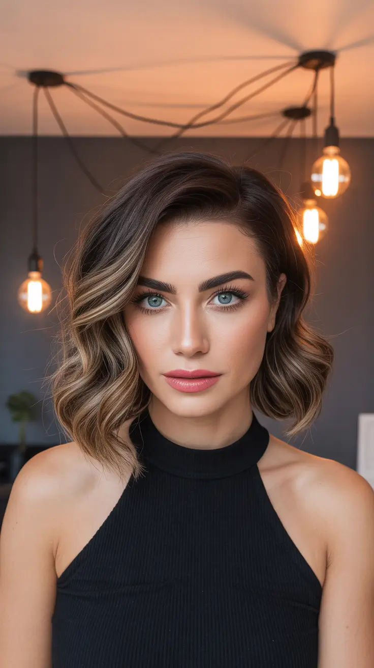 winter brunette hair color balayage Soft Brown Balayage Bob with Luminous Waves