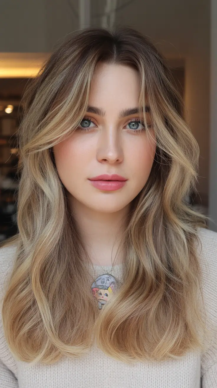cool blonde hair color balayage winter Champagne Blonde Balayage with Soft Layers