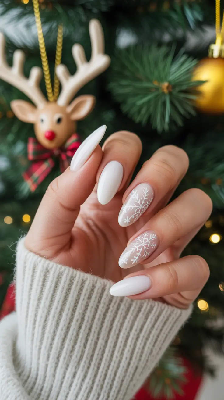 white christmas nails 2025 frosted almond elegance