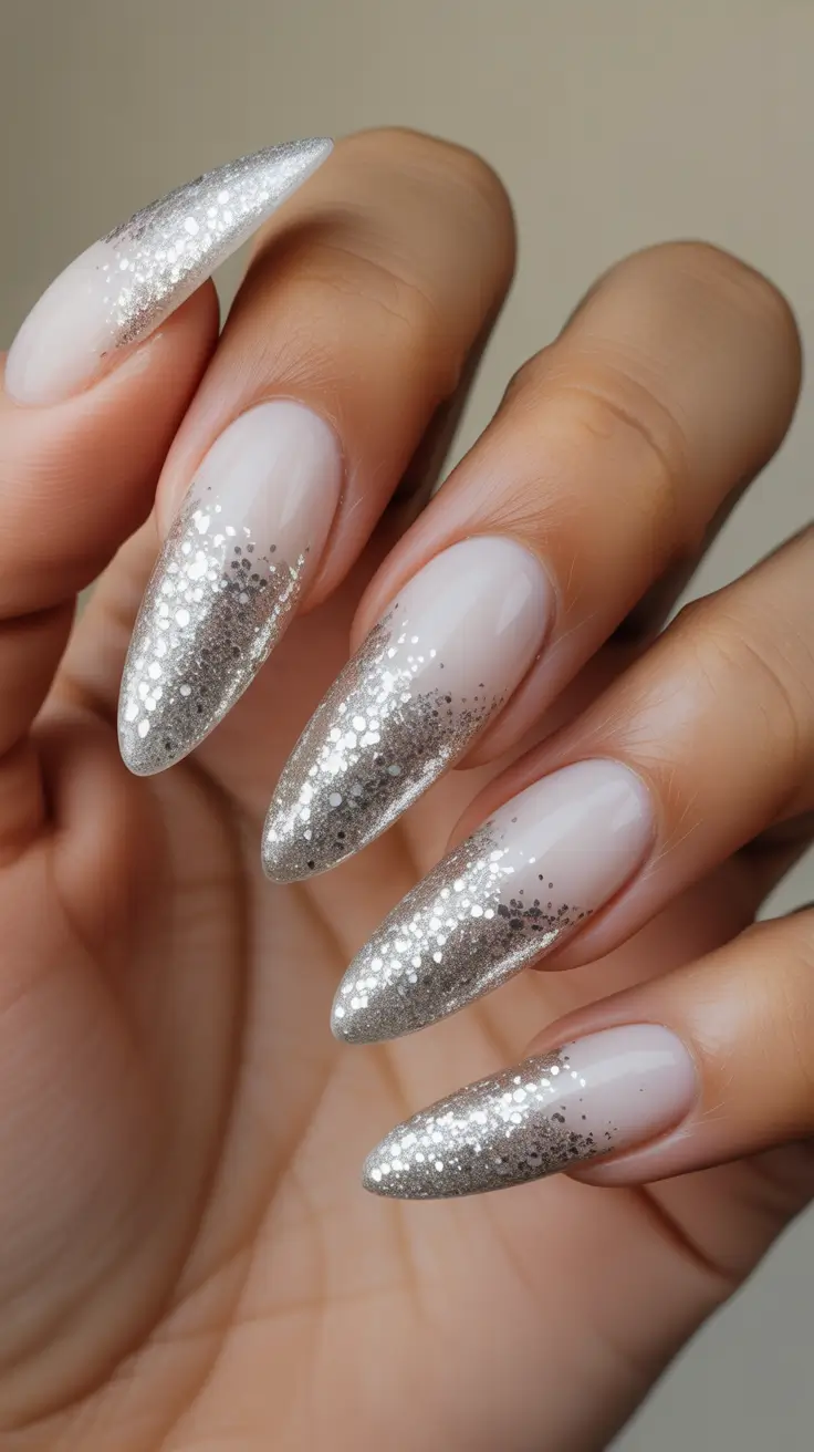 white christmas nails 2025 silver frost fade