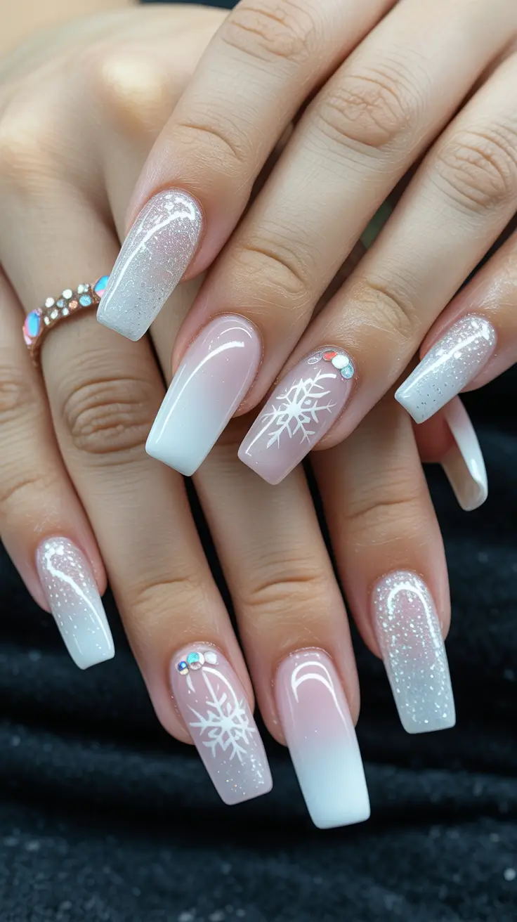 white christmas nails 2025 snowflake chic ombre