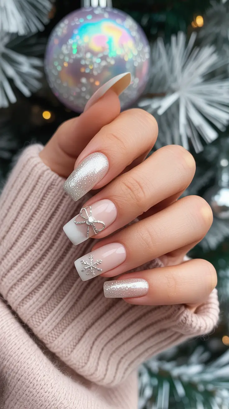 white christmas nails 2025 glam gift bow charm