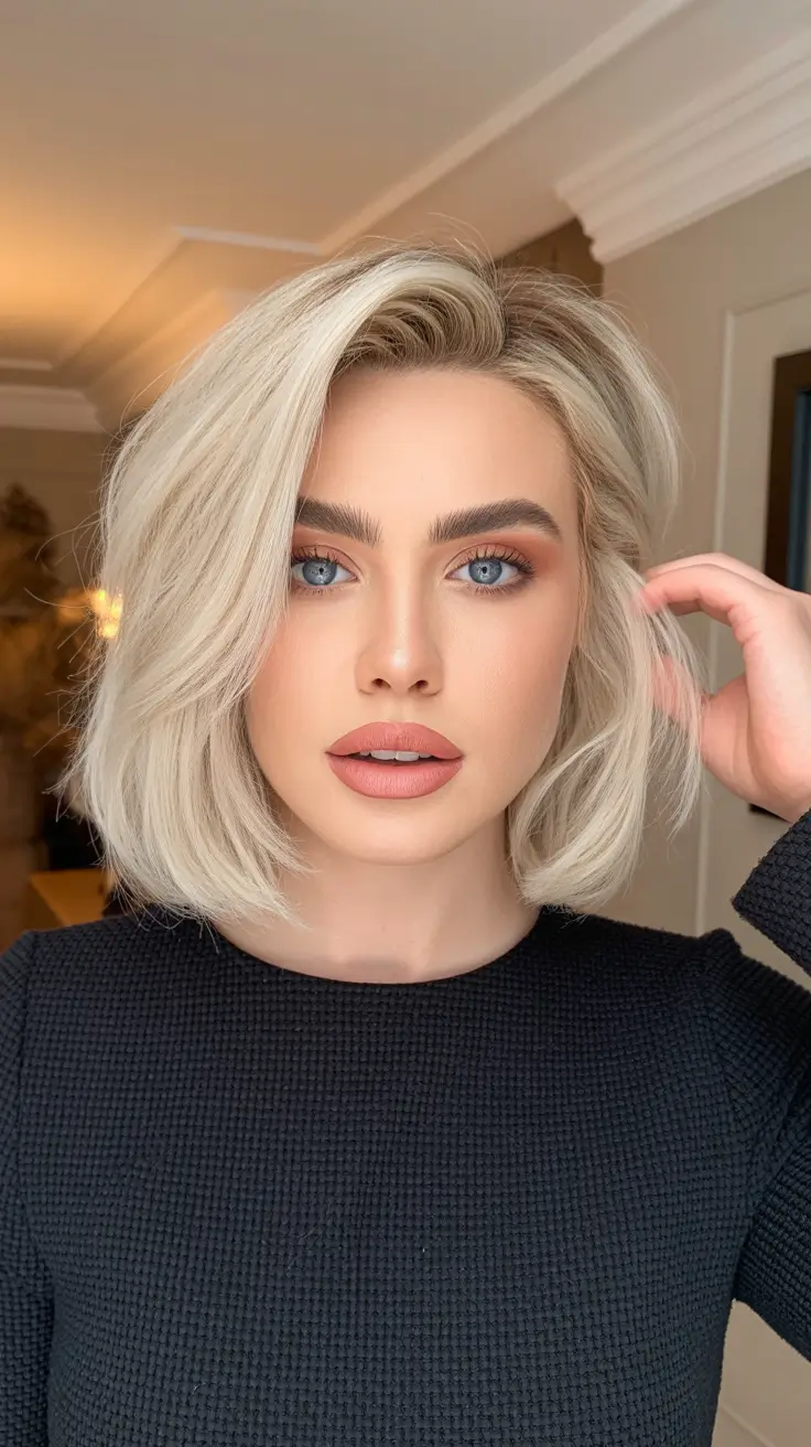 winter haircut and color Chic Blonde Bob With Side Part
