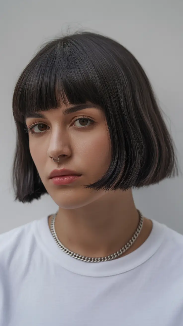 winter hair color short bob haircuts brown Classic Blunt Bob With Fringe