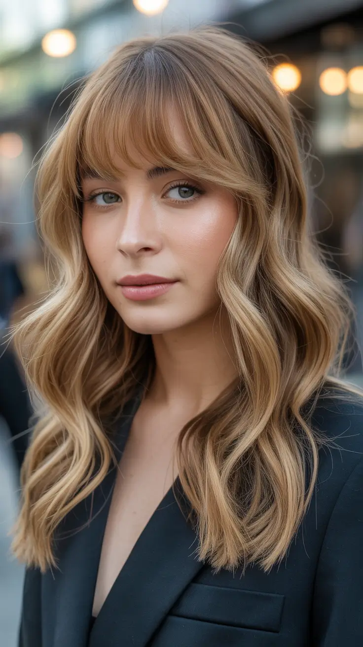 medium length haircut winter color Soft Golden Waves With Fringe