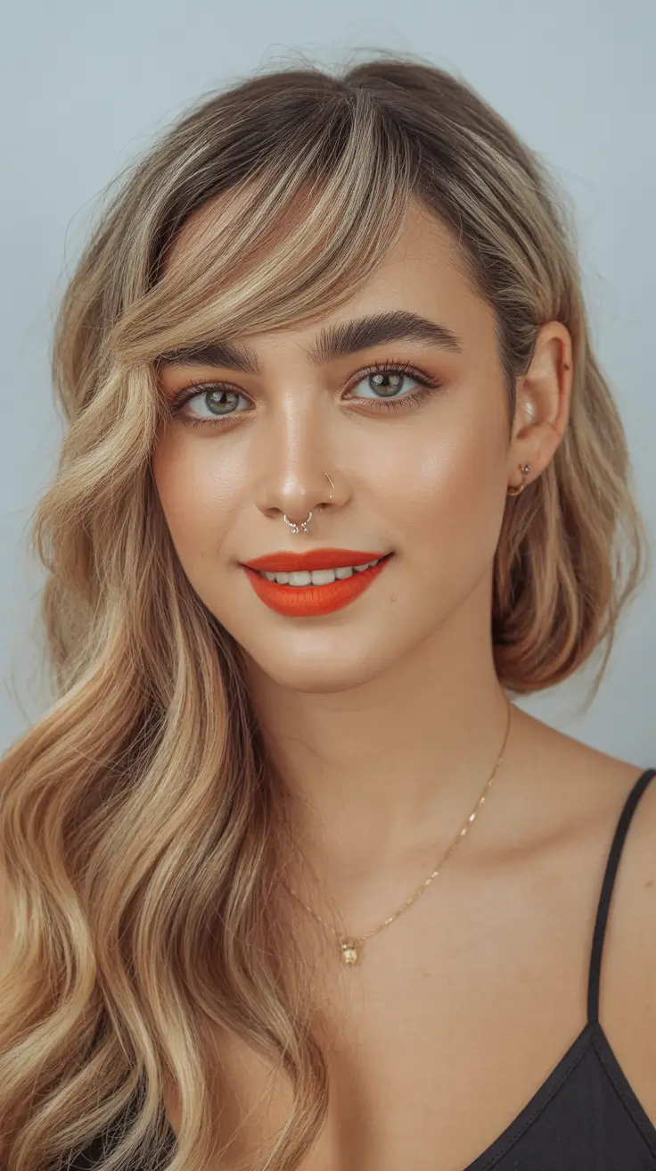 medium length haircut winter color Soft Balayage With Side Fringe