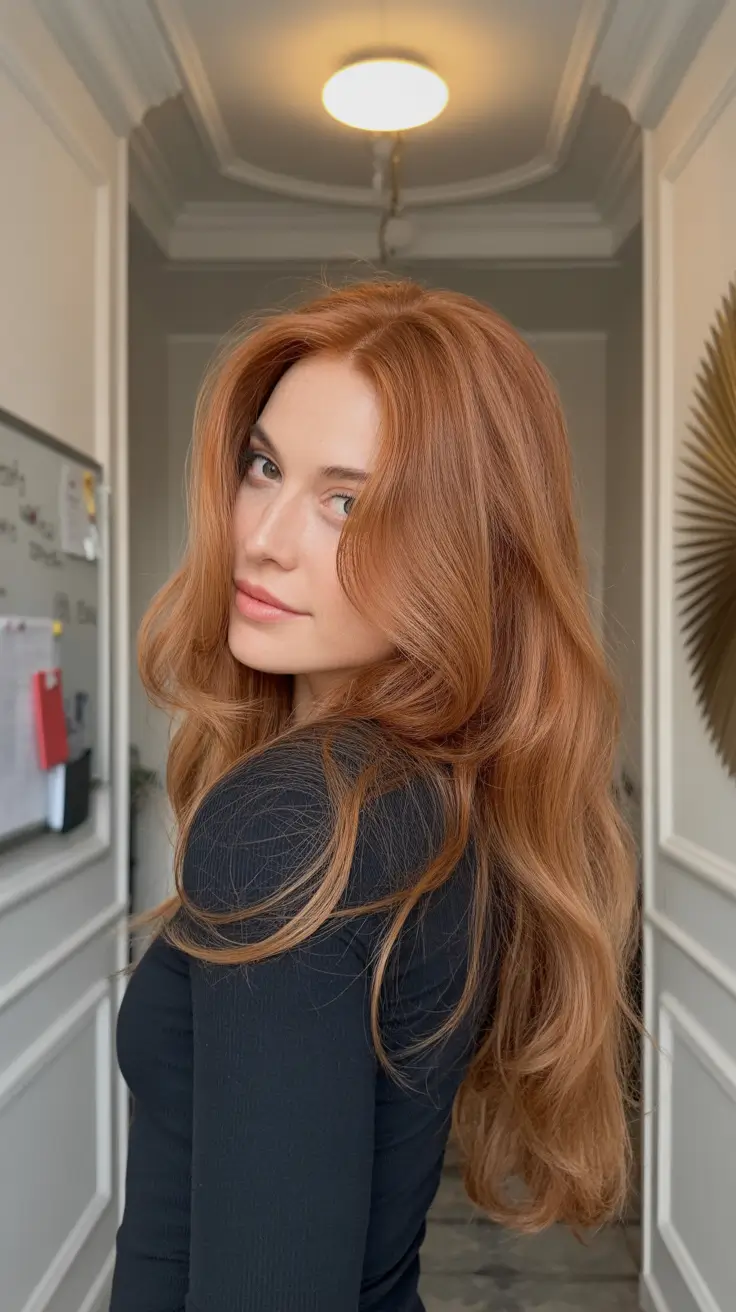 winter haircut and color Copper Glow With Loose Layers