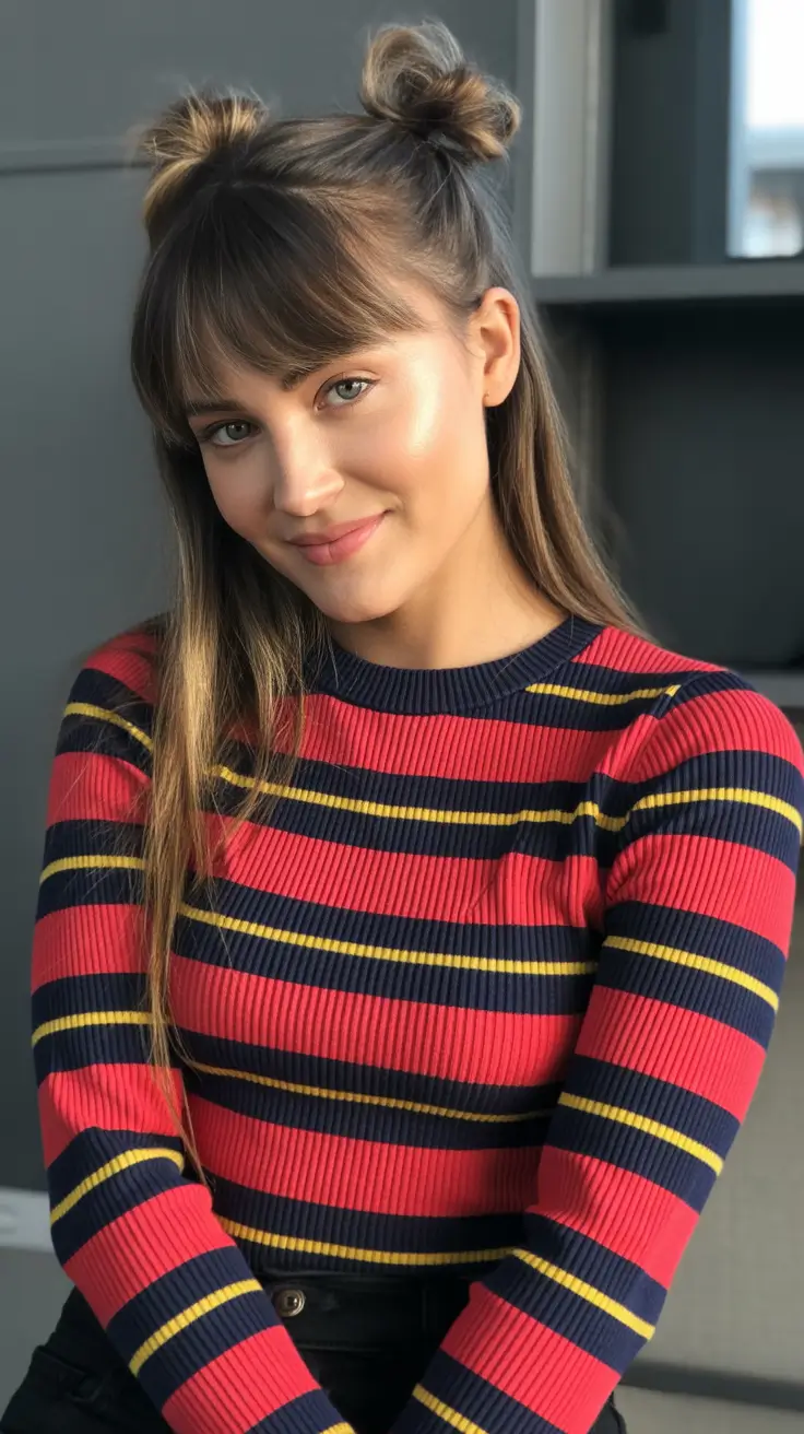 medium length haircut winter color Playful Double Buns With Bangs