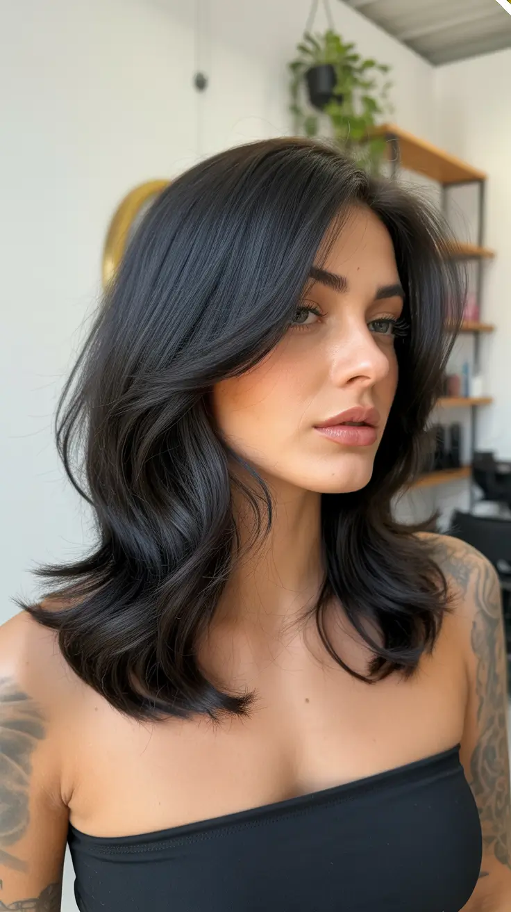 medium length haircut winter color Shiny Jet Black Layers