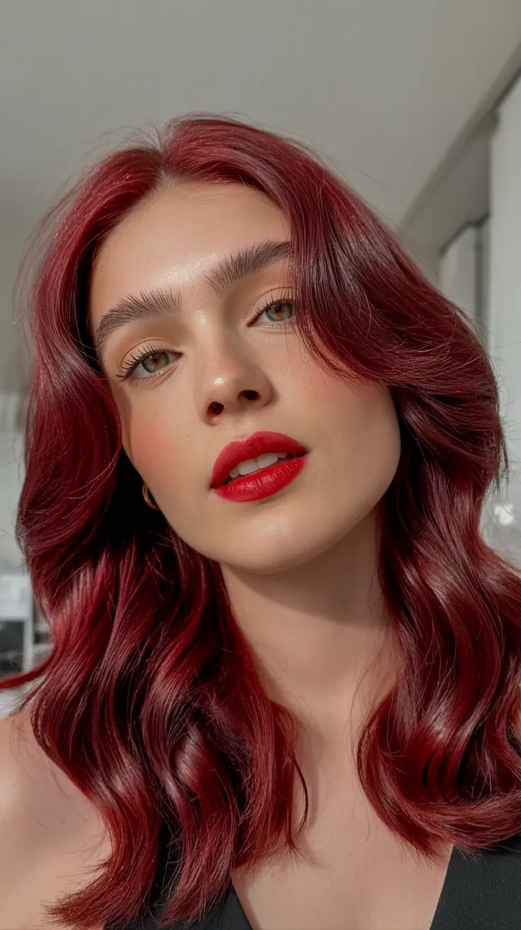 medium length haircut winter color Glossy Cherry Red Waves