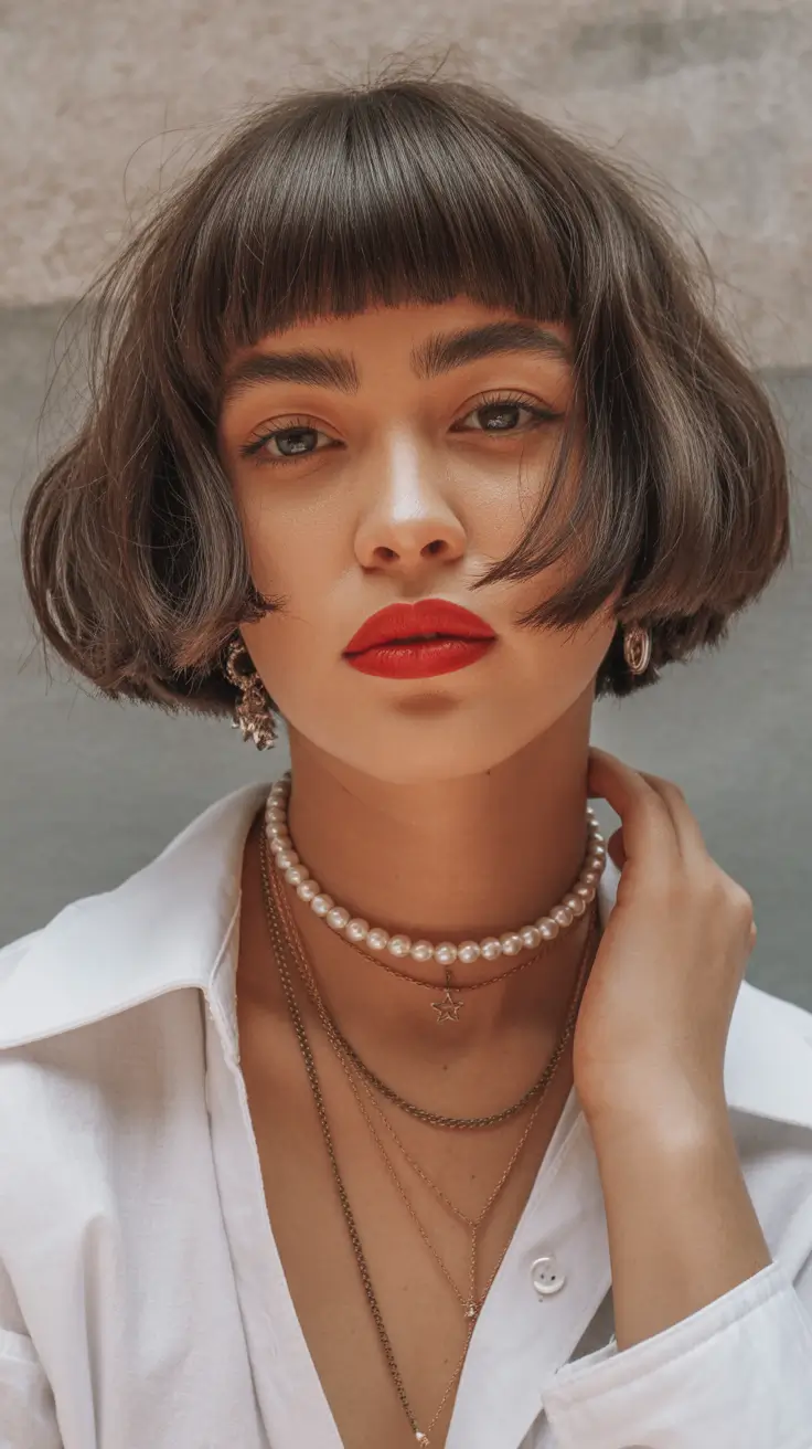 winter hair color short bob haircuts brown French-Inspired Short Bob With Micro Bangs