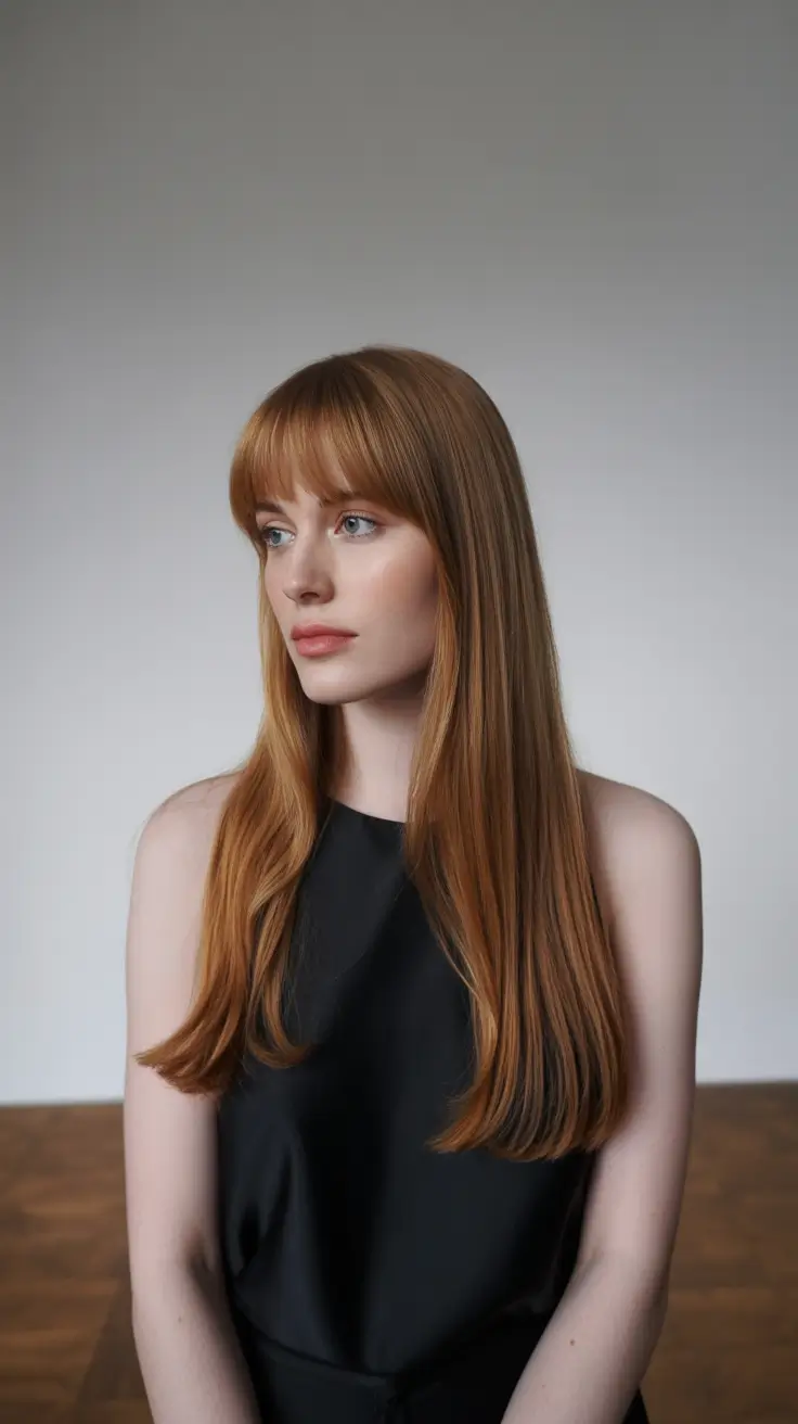 winter haircut and color Sleek Strawberry Blonde With Fringe
